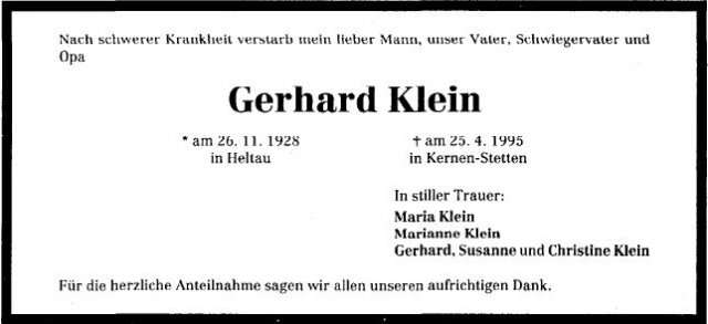 Klein Gerhard 1928-1995 Todesanzeige